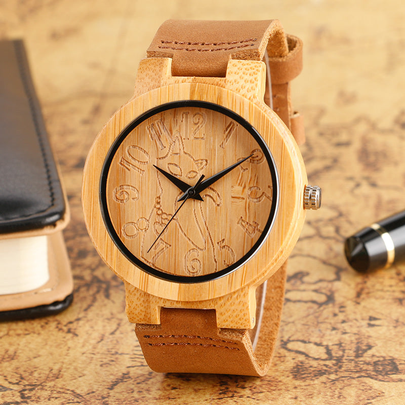 Bamboo wood craft quartz movement cat shape