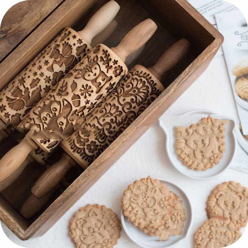 Showing A collection of three of the Wooden Cartoon Animal Christmas Cookies Rolling Pin Press