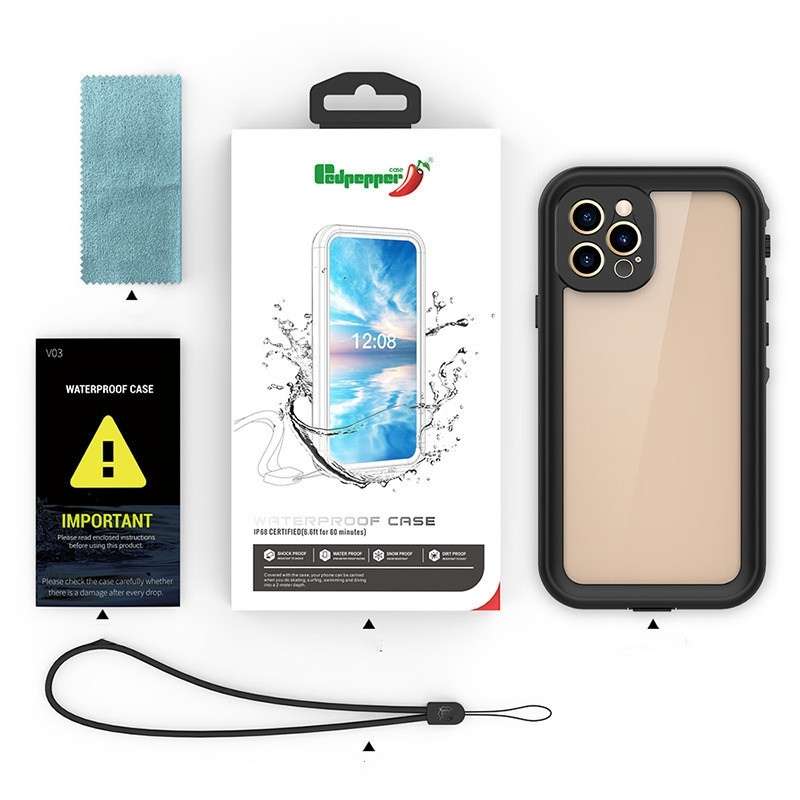 All parts included with the waterproof iPhone case—durable, shockproof, and designed for swimming, diving, and showering