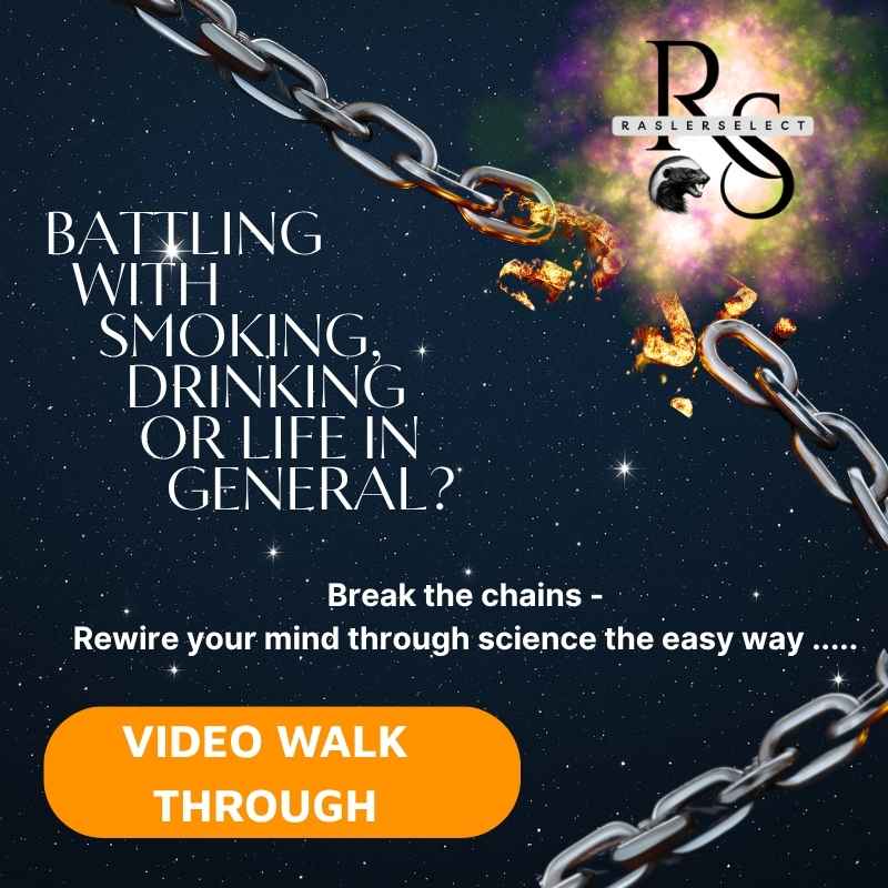 Advertisement with chains breaking, flames, and text about overcoming addictions and using science for change, featuring the RASLERS SELECT logo.