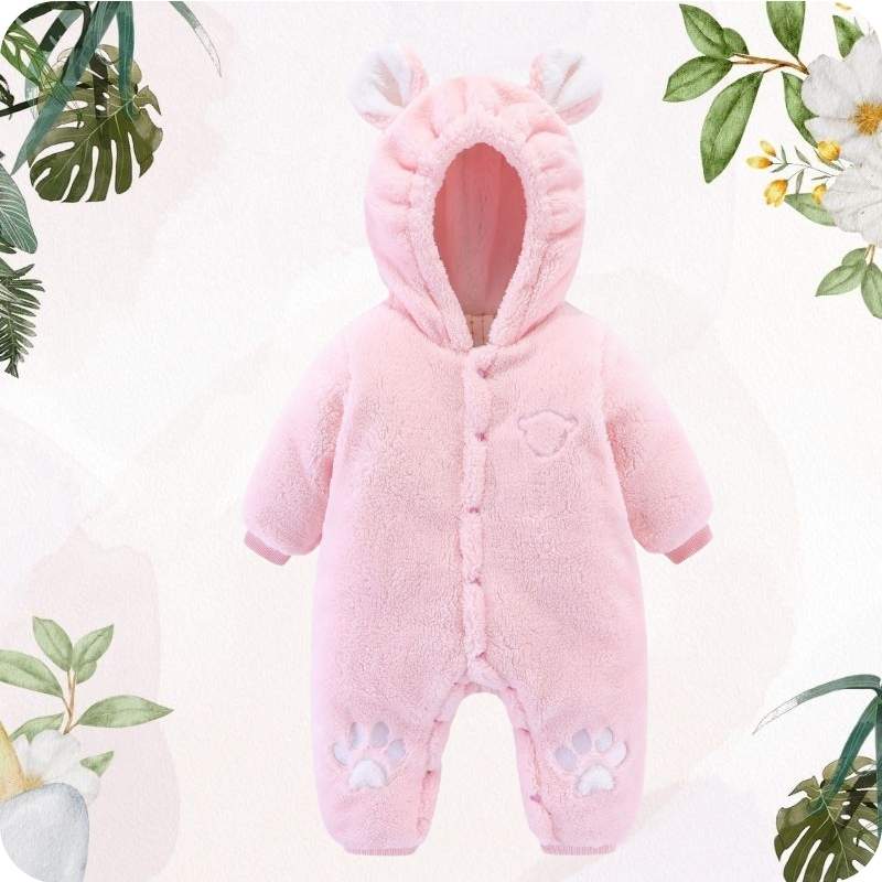 Pink baby snowsuit with animal ears on a white background with floral elements