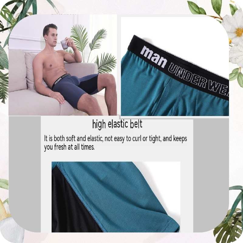 Teal boxer briefs with 'man UNDERWEAR' label, man sitting on a couch, and text about high elastic belt.