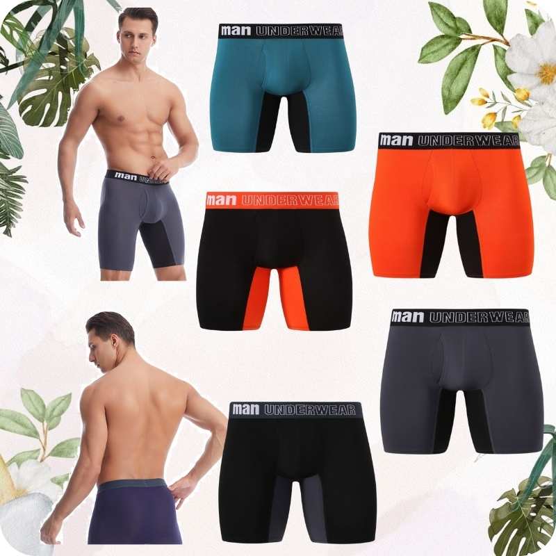 Collection of men's underwear with visible brand name 'man' on a light background with greenery.