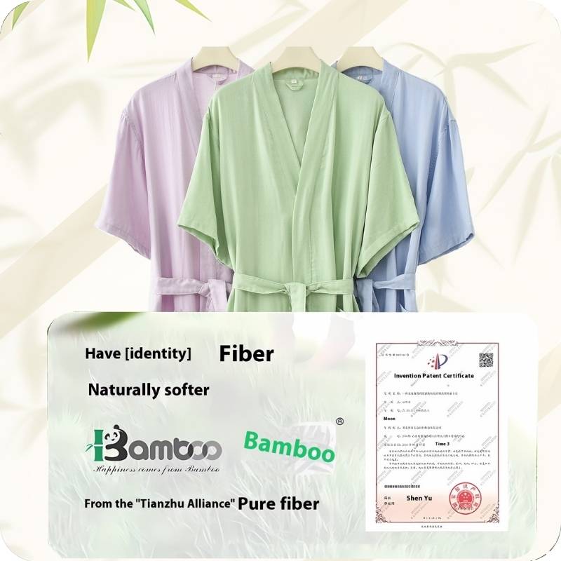 Three bathrobes in different colors hanging on a rack with bamboo fiber text and certification in the foreground.