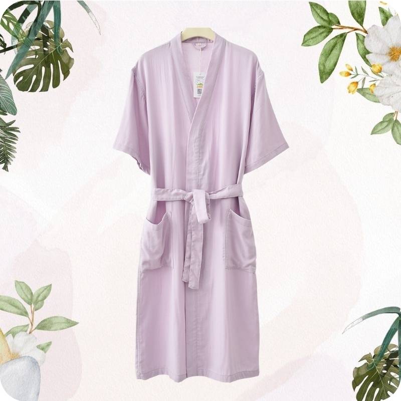 Light purple robe with a belt on a white background with green leaf elements.