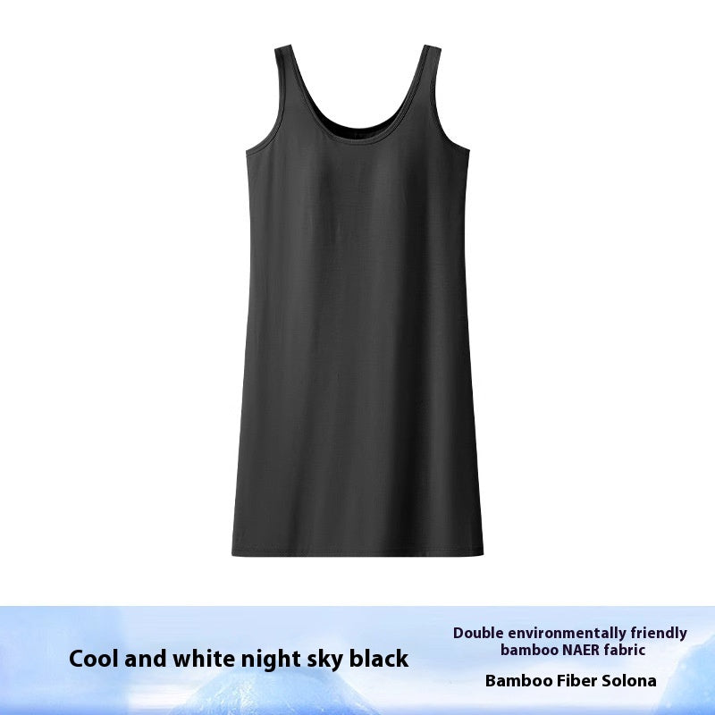 Black sleeveless dress on a white background with text about fabric type.