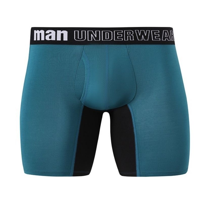 A pair of men's long-open underwear in blue with a black elastic waistband that reads 'MAN UNDERWEAR'.
