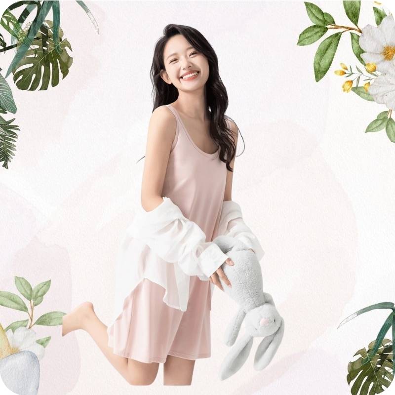 Woman in a pink dress holding a white bunny toy with floral and leaf decorations on a light pink background