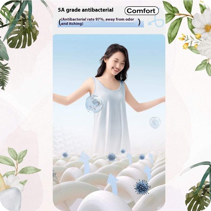 Woman in a white dress with antibacterial text and graphics on a light background