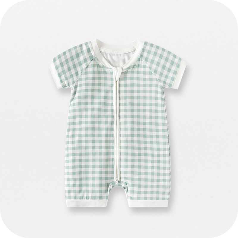 Showing the Green Plaid Bamboo Fiber Baby Jumpsuit Short Sleeve Thin Romper