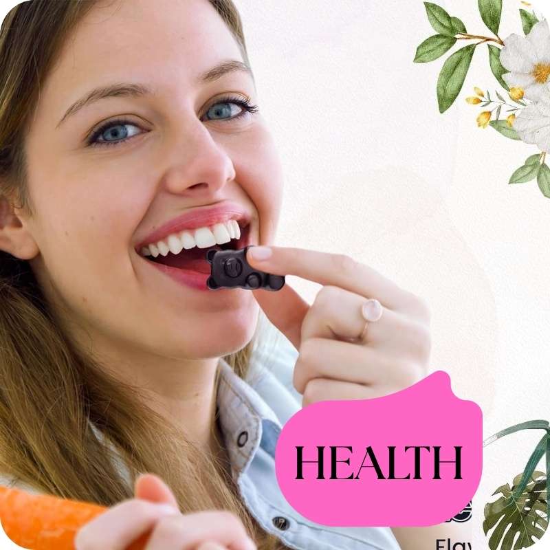 Woman holding a black seed capsule in her mouth with a pink 'HEALTH' speech bubble, surrounded by floral elements.