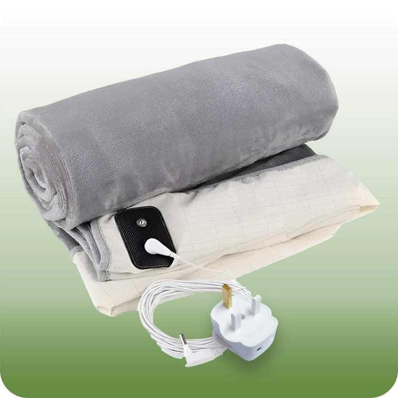 Left side view of folded winter grounding blanket in soft gray, highlighting premium fabric and grounding benefits for better sleep.