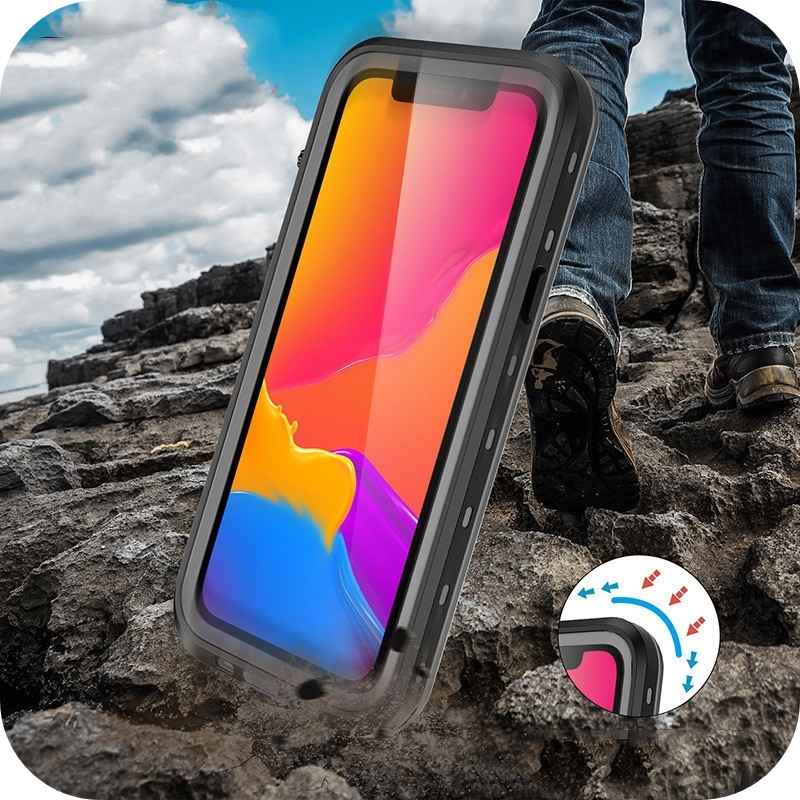 Man walking with the waterproof iPhone case in the foreground—durable, shockproof, and designed for swimming, diving, and showering