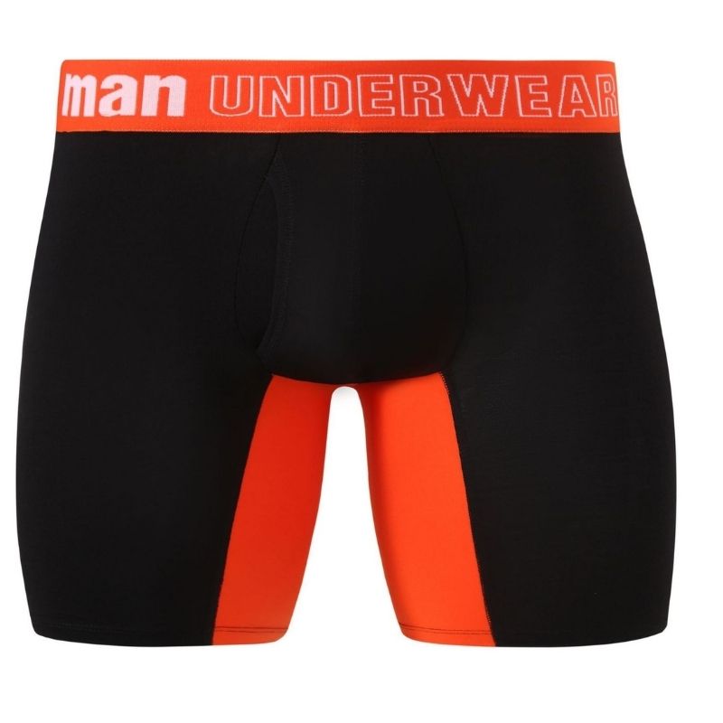 A pair of men's long-open underwear in black with orange elastic waistband that reads 'MAN UNDERWEAR'.