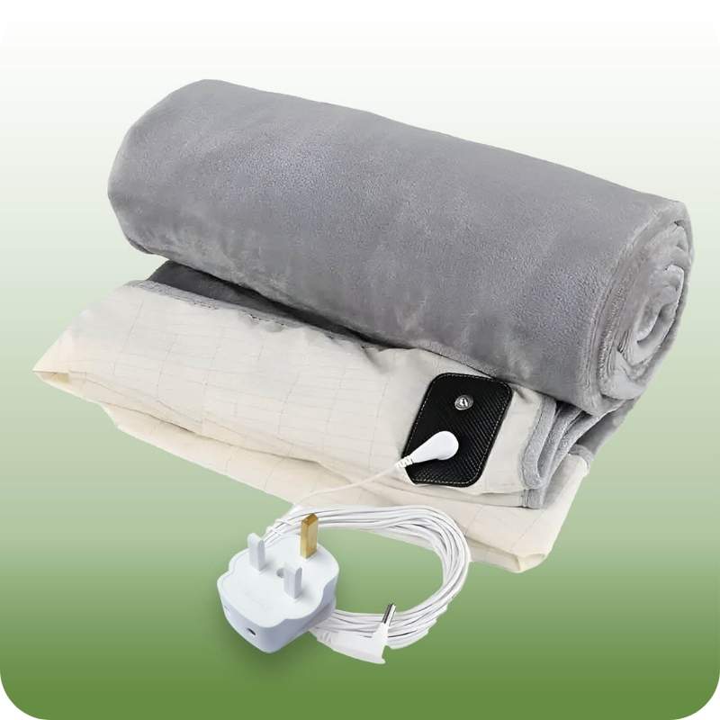 Right side view of folded winter grounding blanket in soft gray, highlighting its premium fabric and grounding benefits