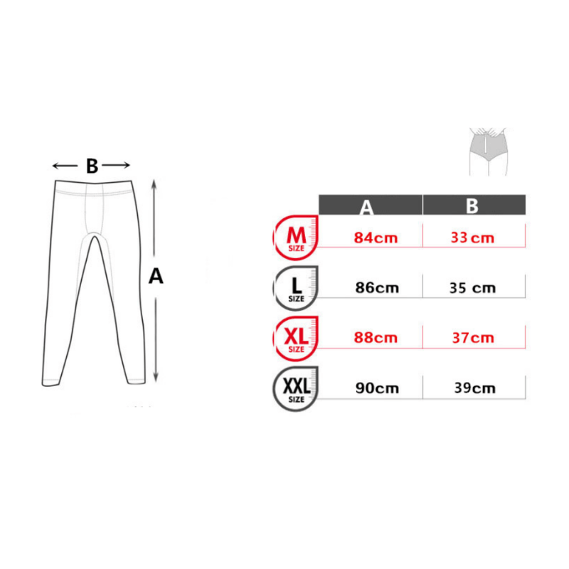 Measurement chart for pants with size labels and dimensions on a white background