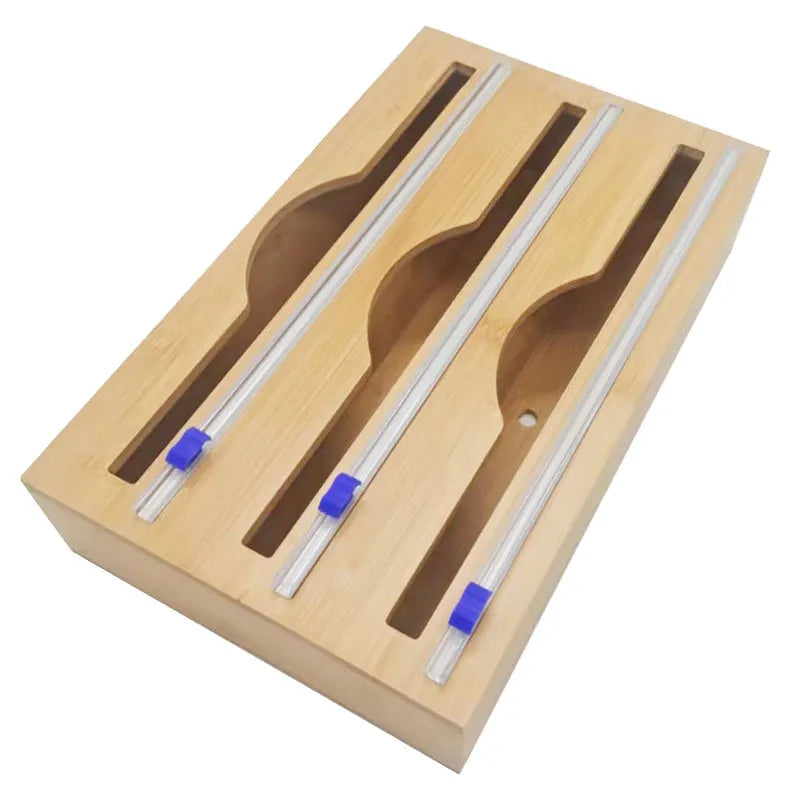 Showing the Three Tier Bamboo Cling Film Holder & Cutter Box Kitchen Supplies