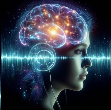 A side view image of a woman with her brain in various colors