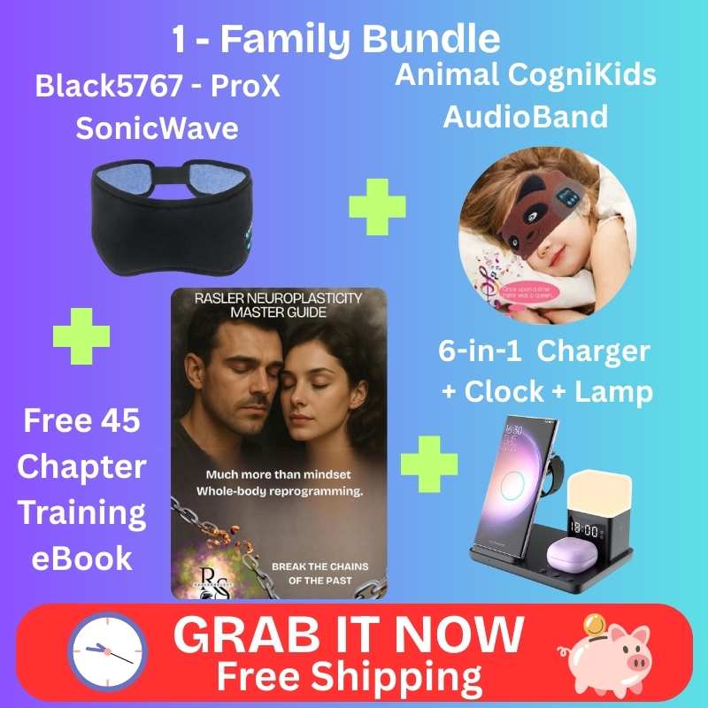 Family bundle with Black5767 ProX SonicWave, Animal CogniKids AudioBand, Rasler Neuroplasticity Master Guide, 6-in-1 charger, clock, and lamp on a blue and purple gradient background.