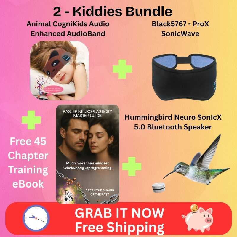 Promotional image of a 'Kiddies Bundle' with sleep mask, audio device, book, and Bluetooth speaker on a colorful background.