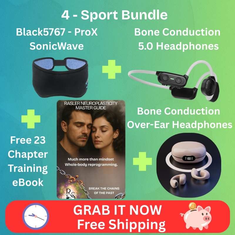 Promotional graphic for a '4-Sport Bundle' with headphones and an eBook on a green and blue background.