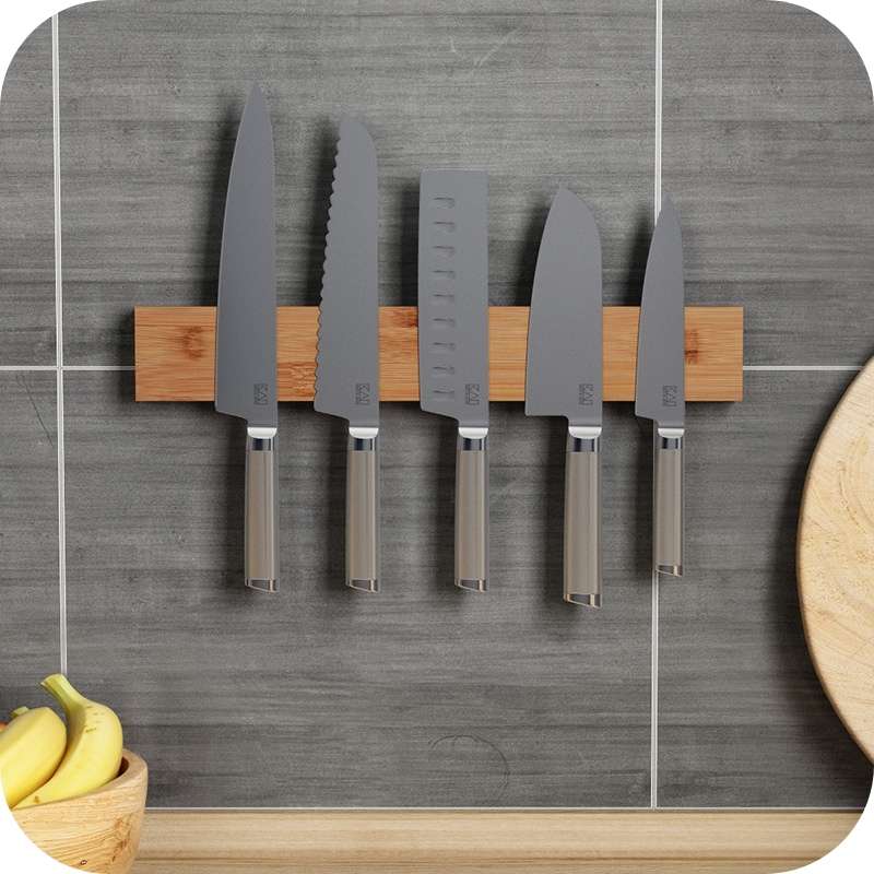 Showing the 5 Knife Wall Mounted Kitchen Bamboo Magnet Knife Holder