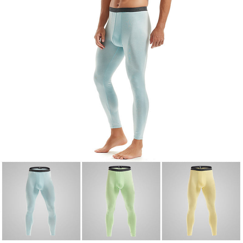 Three pairs of men's slim bottoming pants in light yellow, green, and sky blue colors, displayed in a collage format with a male model wearing the pants.