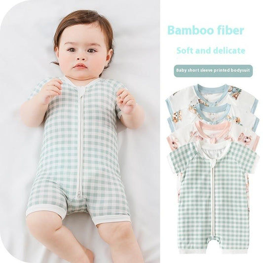 Showing a Baby Wearing a Bamboo Fiber Baby Jumpsuit Short Sleeve Thin Romper