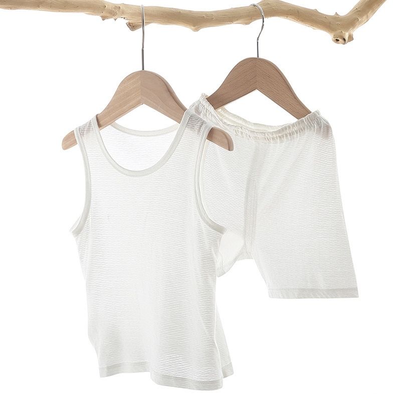 Showing the Beige Bamboo Fiber Toddler Vest Suit on a Hanger
