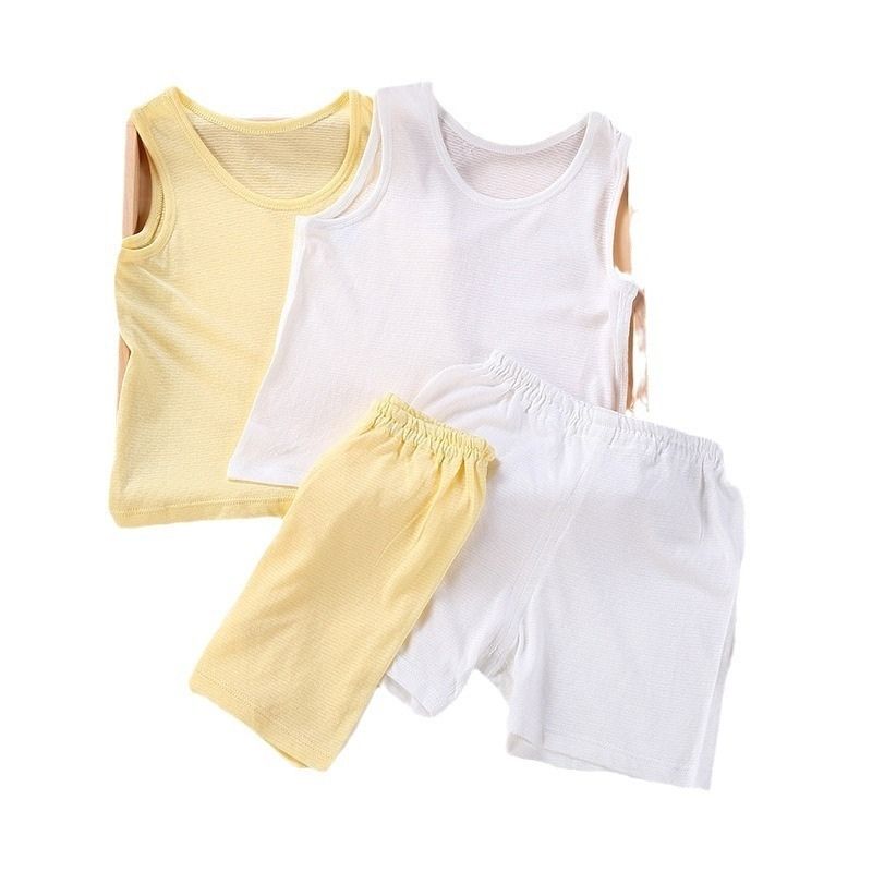 Showing the Beige and Yellow Bamboo Fiber Toddler Vest Suit