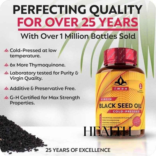 Advertisement for Iman Black Seed Oil with product details and branding.
