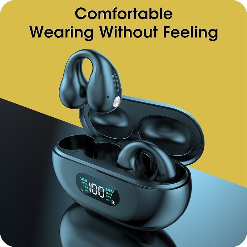 Black wireless earbuds with charging case on a yellow and blue gradient background
