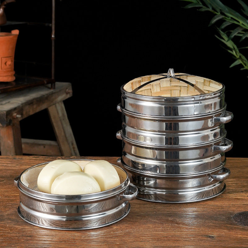 Showing the buns in the Bamboo and Stainless-Steel Steamer for Dumplings Buns Snacks and More
