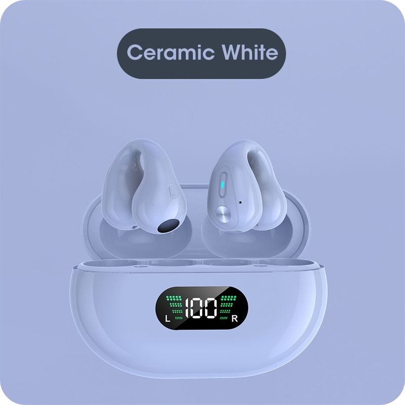 Wireless earbuds with charging case on a light purple background, labeled 'Ceramic White'.