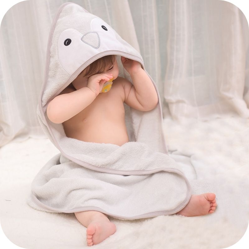 Showing the Closeup Penguin Bamboo Fiber Cartoon Bath Towel with Cloak Hood