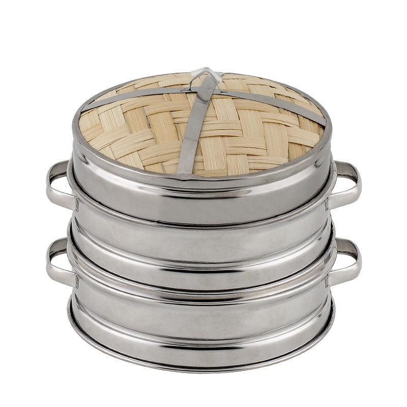 Showing a closeup of the Bamboo and Stainless-Steel Steamer for Dumplings Buns Snacks and More