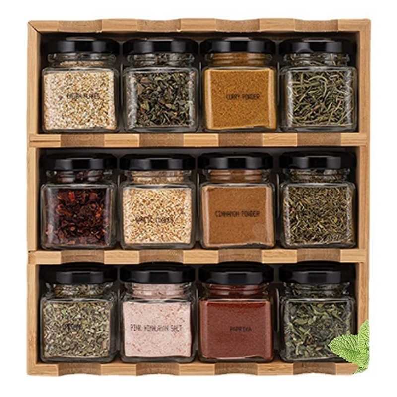 Showing a Closeup of the Wall-mounted or Free-Standing Kitchen 12-grid Bamboo Cruet Shelf