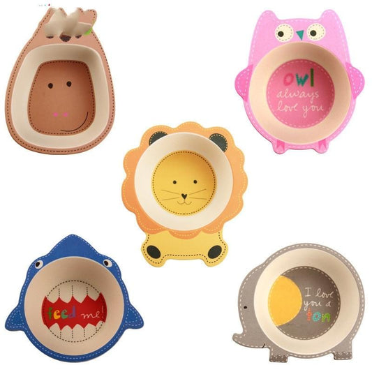 Showing all five designs of the Bamboo Fiber Children's Bowls for Fun Meals 