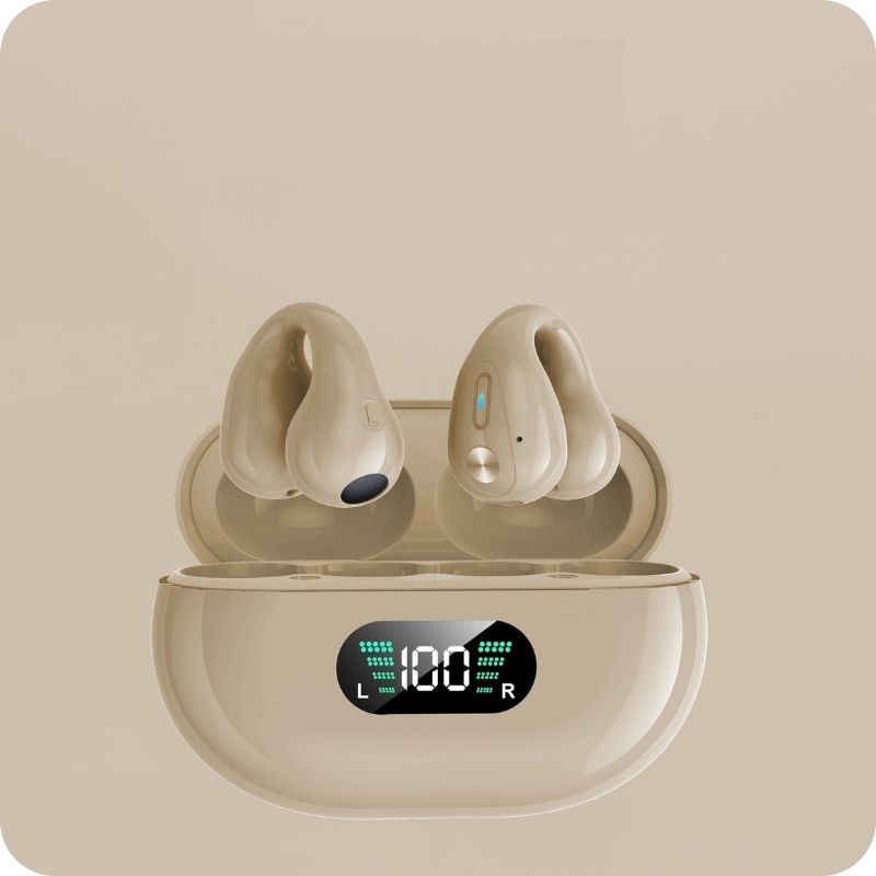 Khaki wireless earbuds with charging case on a beige background