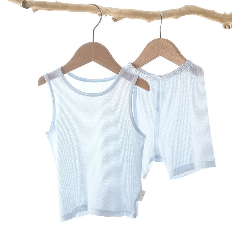Showing the Light Blue Bamboo Fiber Toddler Vest Suit on a Hanger