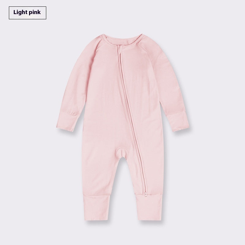 Showing the Light Pink Bamboo Fiber Baby Jumpsuit Baby Zipper Pajamas