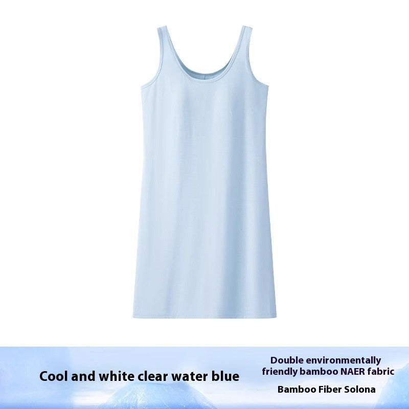 Light blue tank top on a white background with text about fabric type.