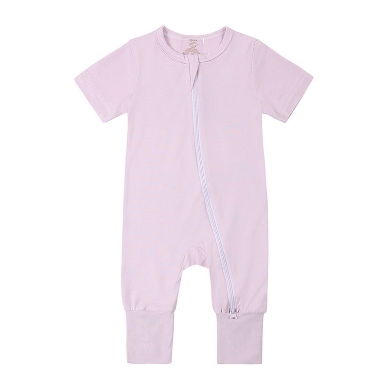 Light purple bamboo baby jumpsuit with short sleeves—gentle, breathable, and calming for sensitive skin; laid flat to show color softness and texture.