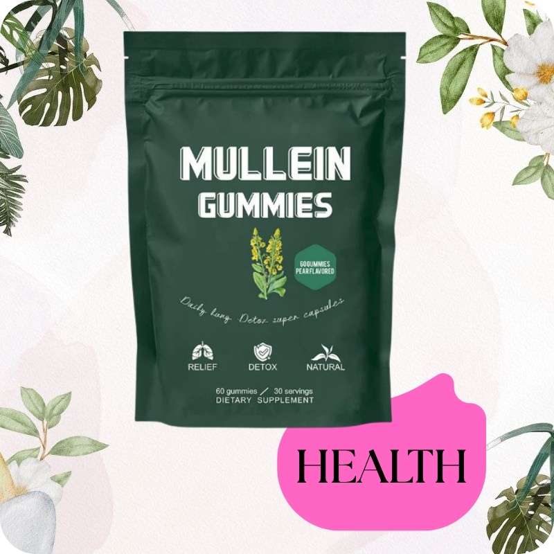 Green package of Mullein Gummies with floral and plant elements on a light background