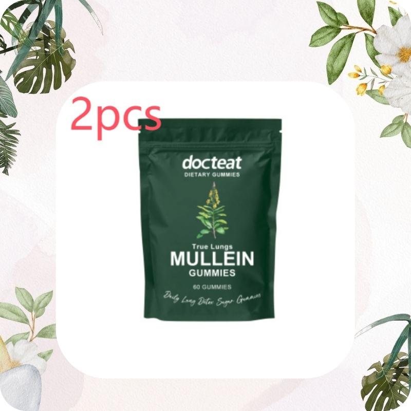 2-piece green package of docteat Mullein Gummies with decorative plants and flowers on a light pink background