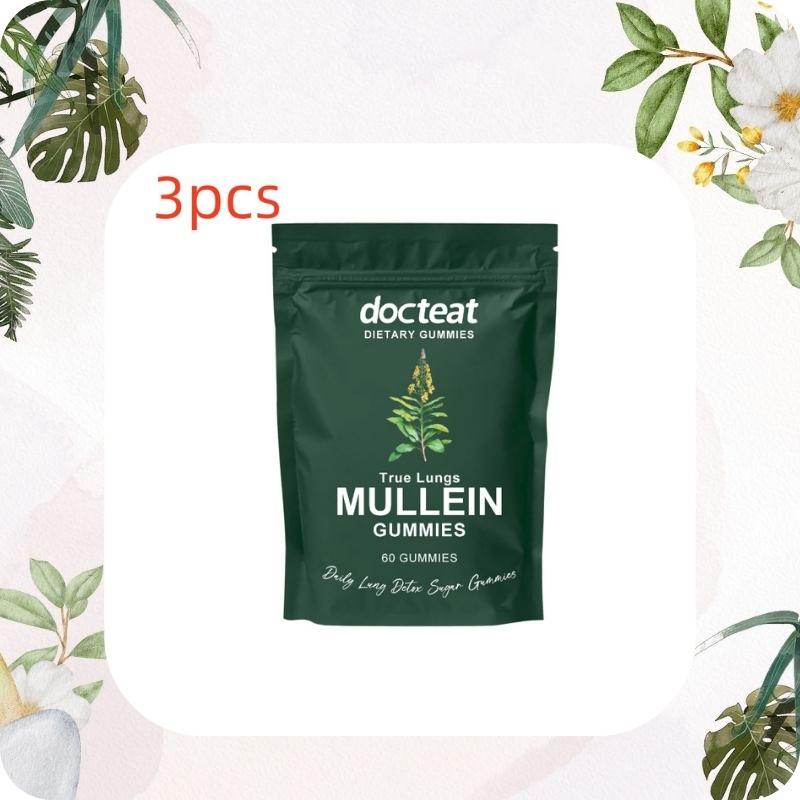 3-piece green package of docteat Mullein Gummies with decorative plants and flowers on a light pink background