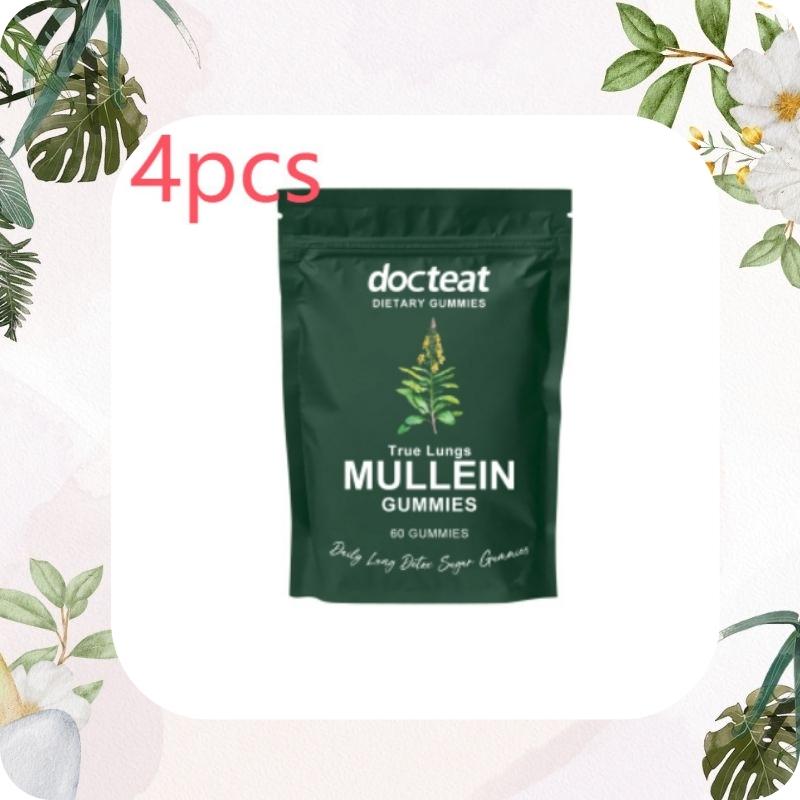 4-piece green package of docteat Mullein Gummies with decorative plants and flowers on a light pink background