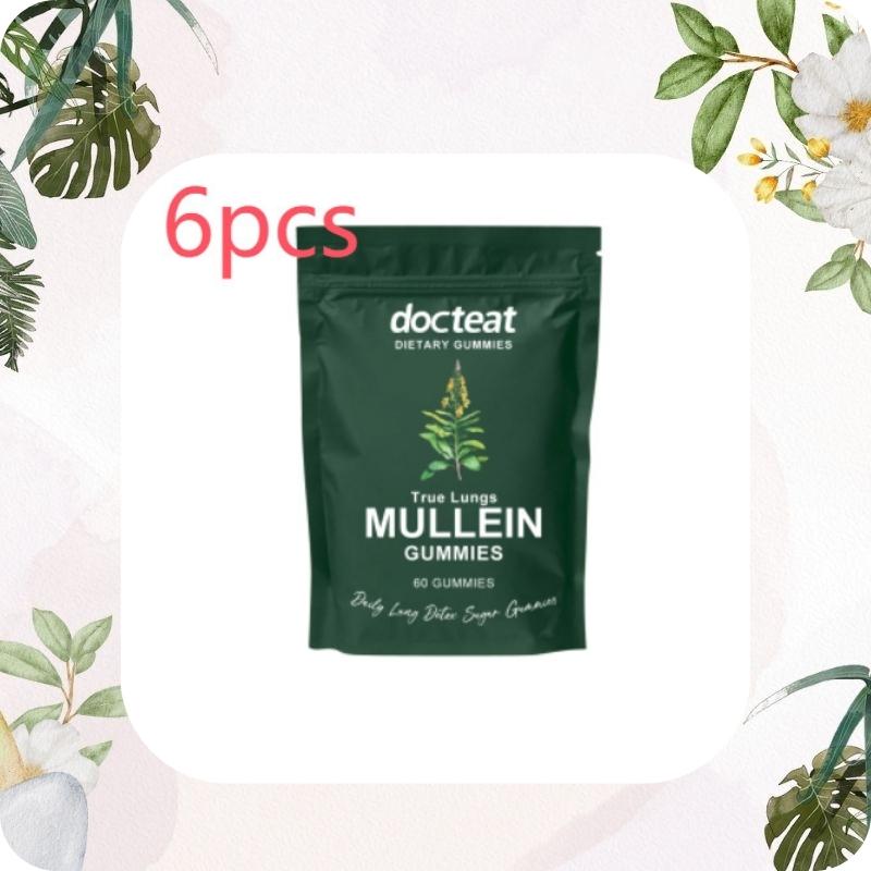 6-piece green package of docteat Mullein Gummies with decorative plants and flowers on a light pink background