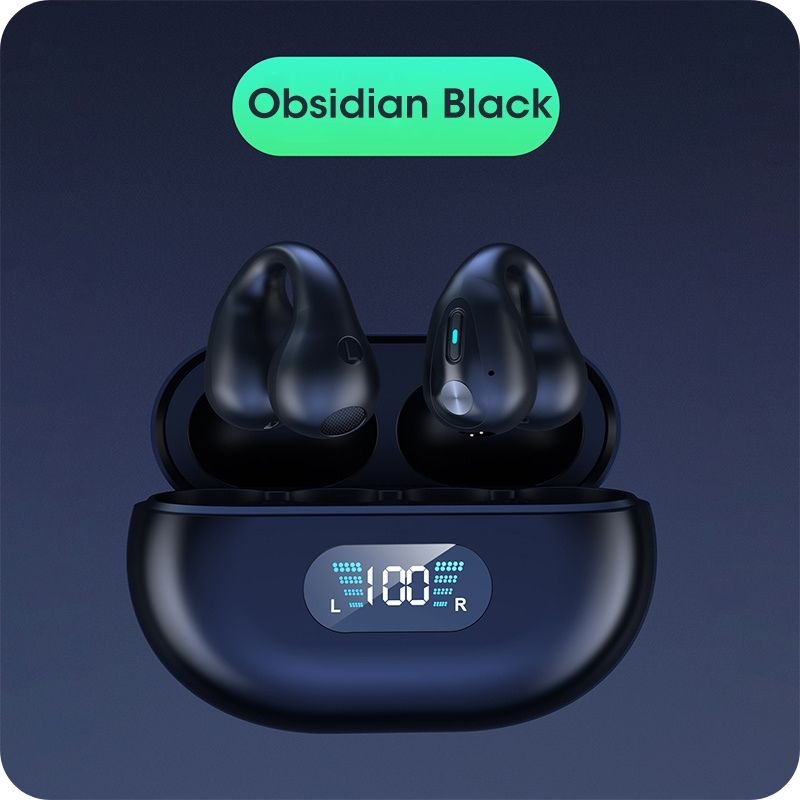Obsidian black wireless earbuds with charging case on a dark background, labeled 'Obsidian Black'.