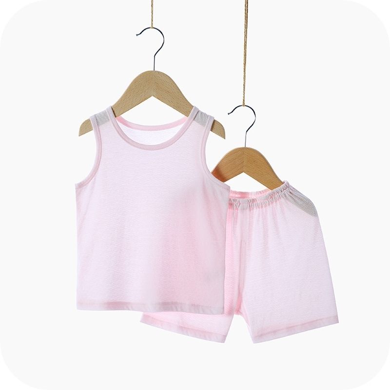 Showing the Pink Bamboo Fiber Toddler Vest Suit on a Hanger